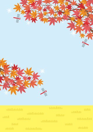 Illustration of the autumn rural scenery with Japanese maple and red dragonfly- sky and rice field - for horizontal writing of portrait formatのイラスト素材