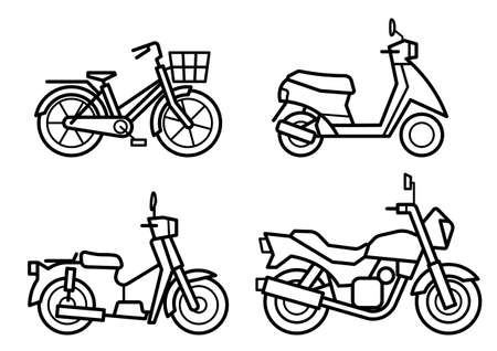 icon set of motorcycle and bicycle - only line drawing -のイラスト素材