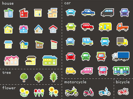 icon set of house and car and bike and plant - collar plus white border - Classification versionのイラスト素材
