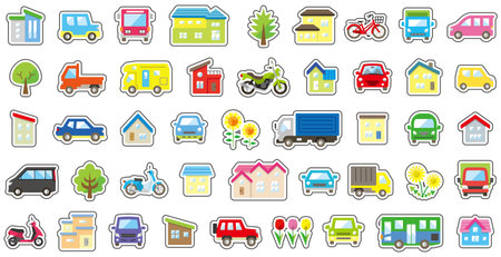 icon set of house and car and bike and plant - color White border and black border -のイラスト素材