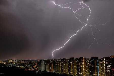 Lightning in the city at night, lightning strike over the city