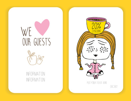 Coffee discount card.. Girl and cup of coffee. Meditation Doodleのイラスト素材