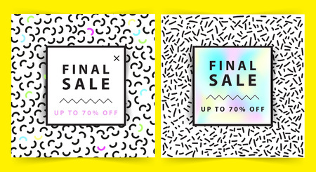 Sale banner. Square. Memphis style. Vector illustration. Background with geometric elements. Retro style. Bright letters. Simple formのイラスト素材