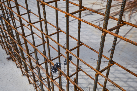 Steel reinforcement bar and timber form works at construction site snow