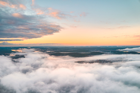 Aerial view of a coast of Ladoga Lake over the fogの写真素材