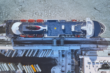 Aerial view, ferry in port on the gulf, Helisnki, Finlandの写真素材