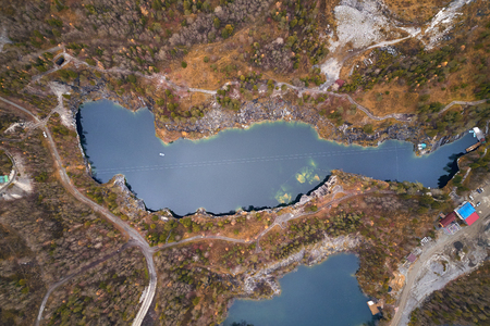 Aerial view of mountain park Ruskeala, view of the marble canyon
