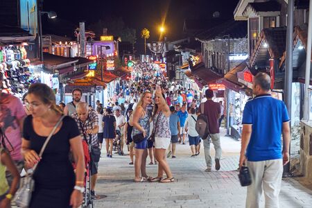 Side, Turkey - July 5, 2017: Evening market street in the turkish city Side with crowd of peopleのeditorial素材