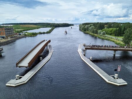 Joensuu, Finland - July 6, 2019: Traditional retro steamships regatta on the Pielisjoki river.のeditorial素材