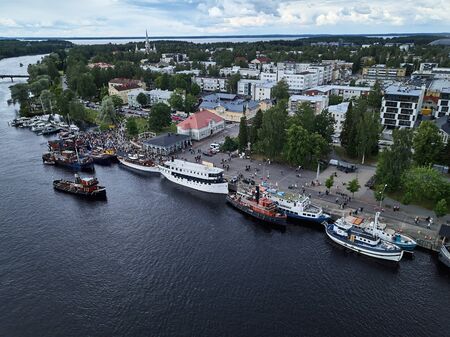 Joensuu, Finland - July 6, 2019: Traditional retro steamships regatta on the Pielisjoki river.のeditorial素材