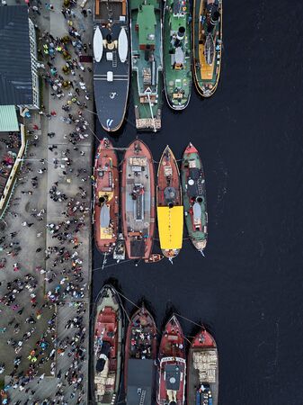 Joensuu, Finland - July 6, 2019: Traditional retro steamships regatta on the Pielisjoki river.のeditorial素材
