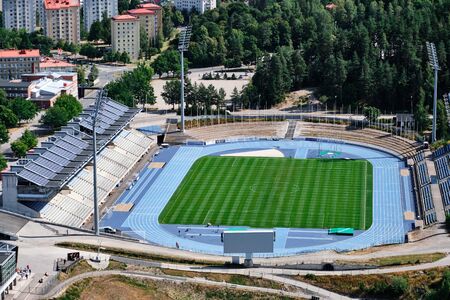Lahti, Finland - August 6, 2019: Aerial view of the stadium in Lahti, Finland. Outdoor soccer field.のeditorial素材
