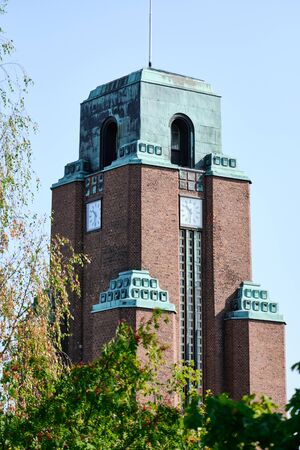 Lahti, Finland - August 6, 2019: Tower on Town Hall. Clock on the tower.のeditorial素材