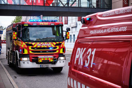 Joensuu, Finland - 8 September 2019: The fire engines near the shopping mall.