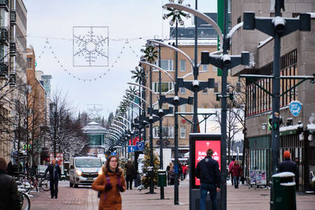 Joensuu, Finland - December 19 2019: Main pedestrian street Kauppakatu in downtown.