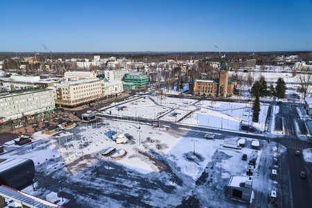 Joensuu, Finland - March 8, 2020: Aerial view of market square in center of city. Winter cityscape.
