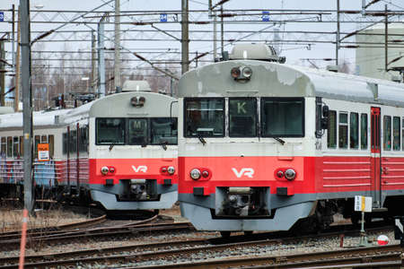 Joensuu, Finland - April 19, 2020: Passenger trains on the station. VR - Finnish railway company.