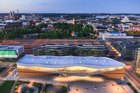 Helsinki, Finland - May 31, 2020: Aerial view of the new brand library Oodi in central Helsinki in summer evening.のeditorial素材