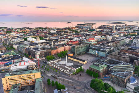 Helsinki, Finland - May 31, 2020: Aerial view of central Helsinki. View of Amos Rex Museum, Kamppi Chapel, and Plaza Narinkka.のeditorial素材