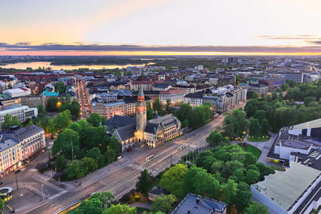 Aerial view of The National Museum of Finland, Helsinki in summer night.のeditorial素材