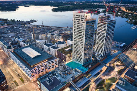 Helsinki, Finland - June 13, 2020: Aerial view of first skyscrapers in Finland in Kalasatama...