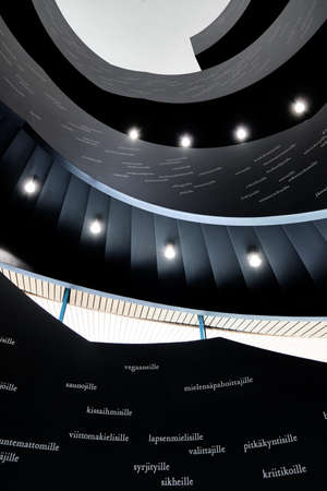 Helsinki, Finland - July 1, 2020: The spiral staircase of Oodi library
