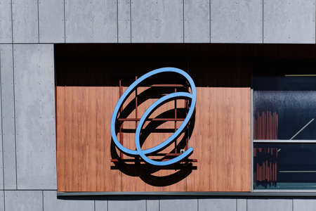 Espoo, Finland - July 12, 2020: Espoo city logo on the facade of the building.
