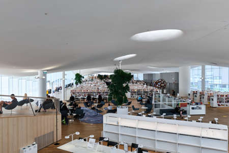 Helsinki, Finland - July 1, 2020: The interior of the brand new Oodi library. Oodi library in Top...