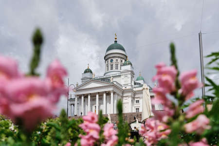 Helsinki, Finland - July 1, 2020: Flowers on the restaurant terraces on Senate Square