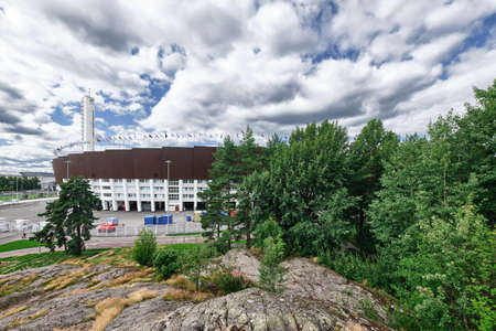 Helsinki, Finland - August 1, 2020: The facade of the Helsinki  Stadium after renovation.のeditorial素材