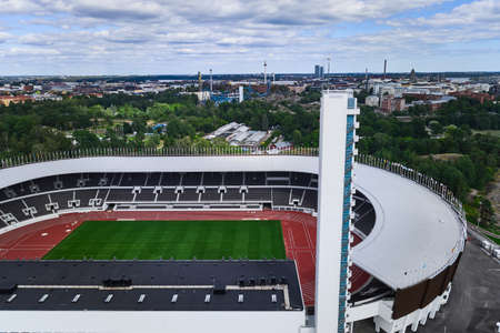 Helsinki, Finland - August 1, 2020: Arial view of the Helsinki  Stadium after renovation.のeditorial素材