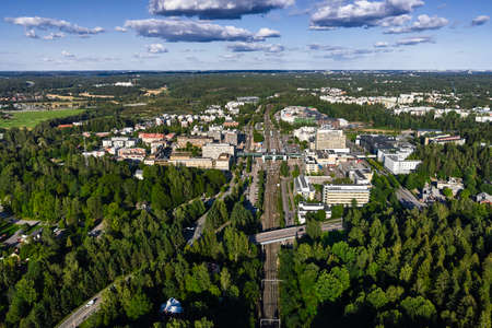 Aerial view of the Espoo Center district in the sunny summer day, Finland.