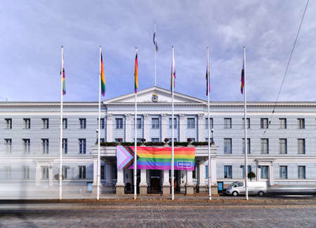 Helsinki, Finland - September 9, 2020: The Pride flag on the facade of Helsinki City Hallのeditorial素材