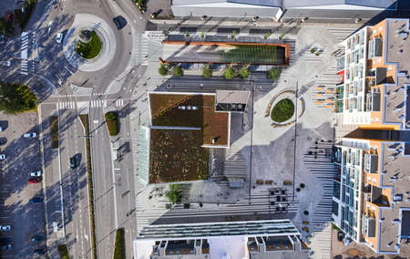 Espoo, Finland - September 11, 2020: Aerial view of the Urheilupuisto metro station and the brand new district around the station. The modern nordic architecture.のeditorial素材