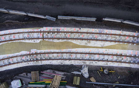 Aerial view of the tram tracks is under construction in Espoo, Finland.