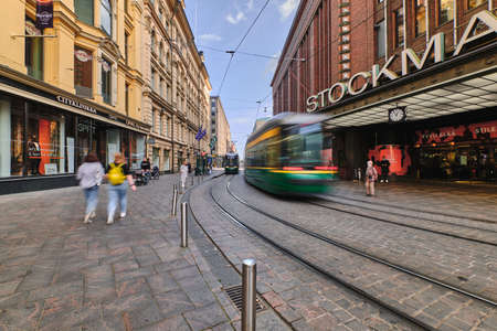 Helsinki, Finland - September 20, 2020: Aleksanterinkatu street in the center of Helsinki. The most famous street in the city. The trams moving on the street.のeditorial素材