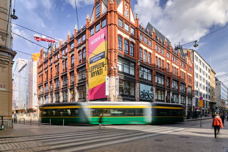 Helsinki, Finland - September 20, 2020: Aleksanterinkatu street in the center of Helsinki. The most famous street in the city. The trams moving on the street.のeditorial素材