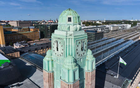 Helsinki, Finland - September 20, 2020: Aerial view of the clock tower of the Helsinki Central Railway Station.のeditorial素材