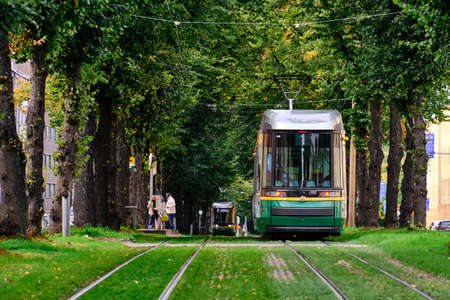 Helsinki, Finland - September 20, 2020: The tram is moving on the Makelankatu in Vallila district....