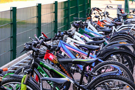Espoo, Finland - September 24, 2020: The bikes on the school bike parkingのeditorial素材