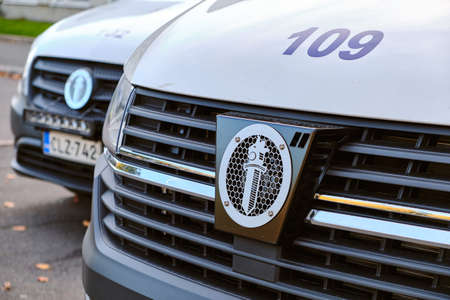 Helsinki, Finland - October 15, 2020: The Police logotype on the front of the police van