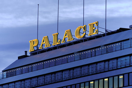 Helsinki, Finland - November 24, 2020: Palace Hotel signboard on the roof of the hotel building in Central Helsinki.のeditorial素材