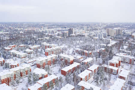 Aerial view of Matinkyla neighborhood of Espoo, Finland. Snow covered city in winter.のeditorial素材