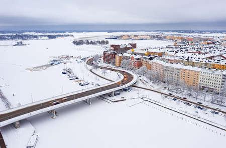 Aerial view of Kruununhaka central neighborhood of Helsinki. An amazing winter cityscape.