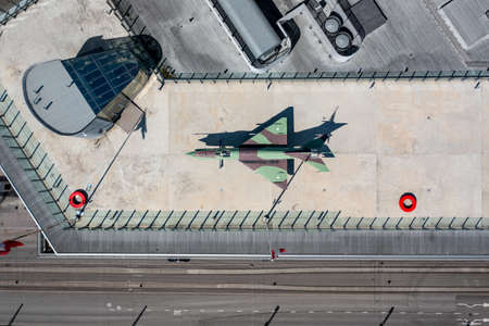 Helsinki, Finland - June 2, 2021: Aerial view of the Finnish Air Force MIG-21 supersonic jet fighter...