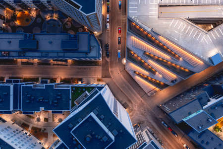 Aerial view of the modern apartment buildings and multilevel parking in Helsinki. Modern Nordic...