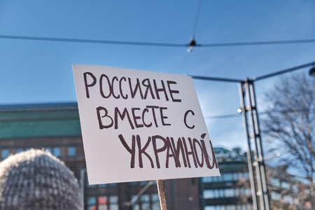Helsinki, Finland - February 26, 2022: Demonstration against the Russian aggression in Ukraineのeditorial素材