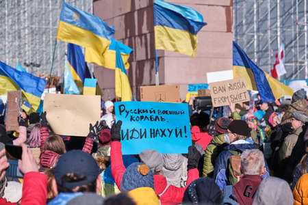 Helsinki, Finland - February 26, 2022: Demonstration against the Russian aggression in Ukraineのeditorial素材