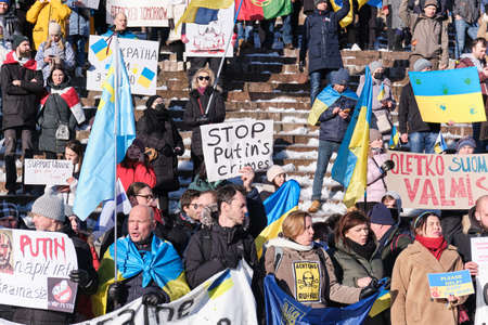 Helsinki, Finland - February 26, 2022: Demonstration against the Russian aggression in Ukraine