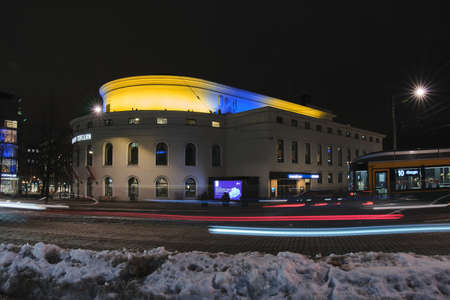 Helsinki, Finland - March 7, 2022: The colors of the Ukrainian flag on the Swedish Theaterのeditorial素材